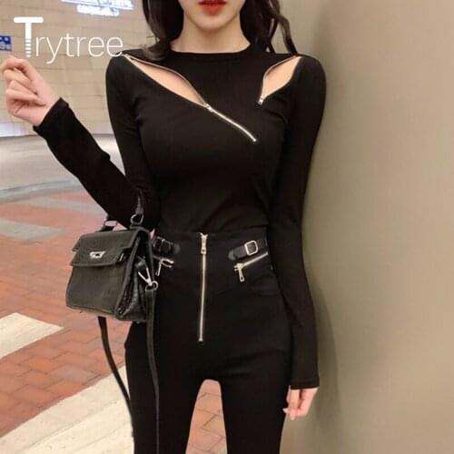 Trytree 2021 Spring Autumn Casual Woman T-shirt O-neck Sexy Zippers Design T-shirt Solid Fashion Streetwear Short Tops For Women