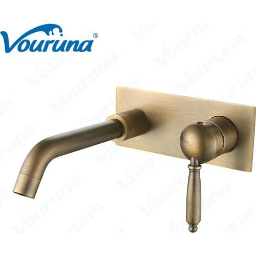 Vouruna Antique Brass Basin Faucet Wall Mounted Bathroom Sink Mixer Tap Old Style Vessel Wall Basin Spout