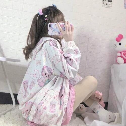 Japanese Sweet Girl Shirts Kawaii Autumn Fashion JK Blouse Women Cute Bear Print Loose Long Sleeve Zip Up Hooded Trench Coat Top