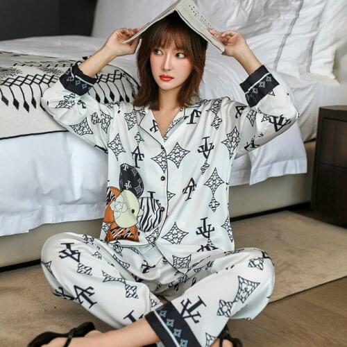 Womens Pajamas Fashion Luxury Style Fun Letters Sleepwear Silk Like Nightie Leisure Home Clothes Nightwear Set Cardigan Pajamas