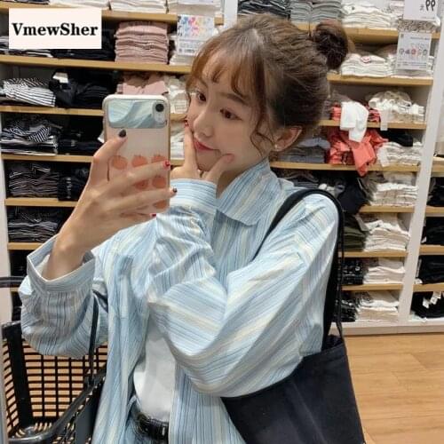 VmewSher New Spring Summer Women Shirt Color Strip Turn Down Collar Long Sleeve Female Stylish Loose Sweet Blouse Sky Blue Tops