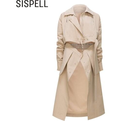 SISPELL Patchwork Detachable For Female Windbreaker Jacket Lapel Collar Long Sleeve With Belt Womens Casual Coat 2020 Fashion