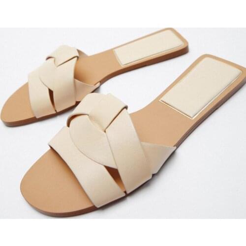 ZAR Sandals Womens Flat Bottom 2021 Summer New Leather Cross Decoration Flat-Heeled Sandals Beige Lazy Slippers Women Luxury