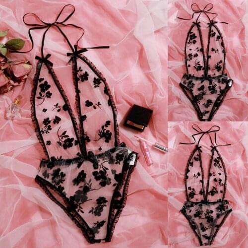 2021Woman Bow Tie Embroidery Deep V Sexy Lace Bodysuit Lingerie Teddy Underwear Sheer Mesh Transparent Babydoll Lace