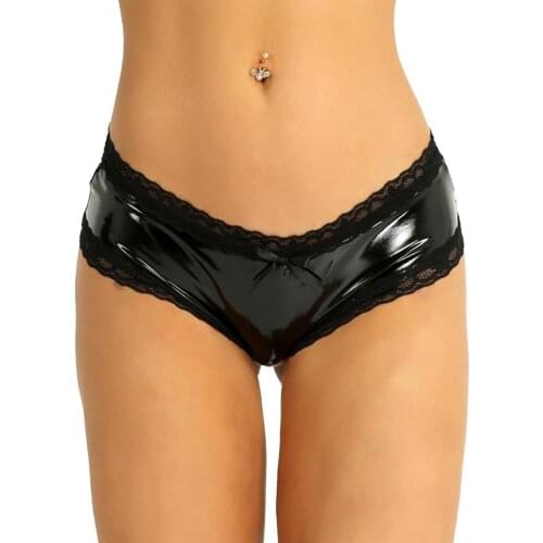 Women Sexy Lingerie Erotic Open Crotch Panties Lace Leather Wet Look Briefs Crotchless Underpants Lace Sexy G-String Hot Sale