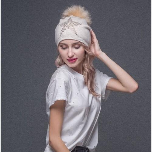 Winter Women Casual Fashion Rhinestone Wool Knitted Skullies Beanie Hat With Real Fur Pom Pom Caps Bonnet Gorro MJF-BH-05