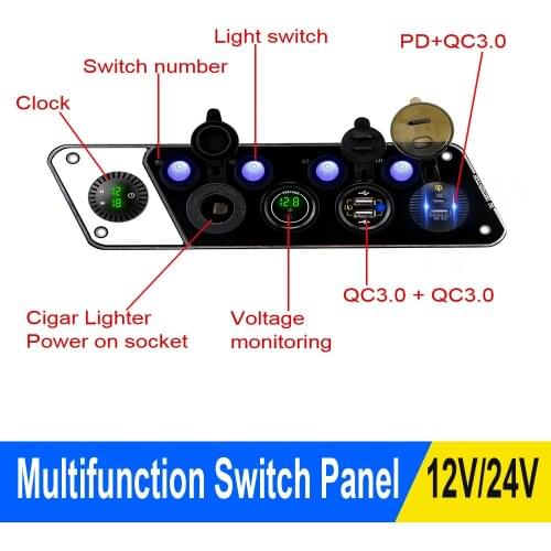 Cigar Lighter 12-24V 36W 4 Gang Switch Panel Digital Voltmeter Clock For Car Marine Waterproof QC3.0 PD Dual USB Charger Socket
