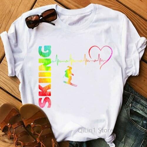 Watercolor Skiing Rainbow Love Electrocardiogram T-Shirt WomenS Clothing Funny Tshirt Femme Harajuku Shirt Kawaii Clothes