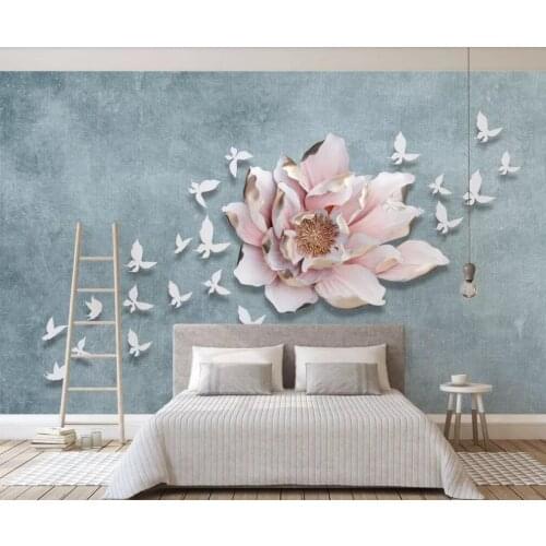 Customized large-scale 3D mural wallpaper stereo relief modern simple three-dimensional flower butterfly flower background wall