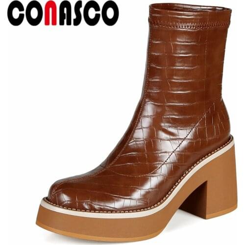 CONASCO Concise Women Ankle Boots Autumn Winter Warm Genuine Leather Causal Prom Office Lady Shoes Round Toe Shoes Woman