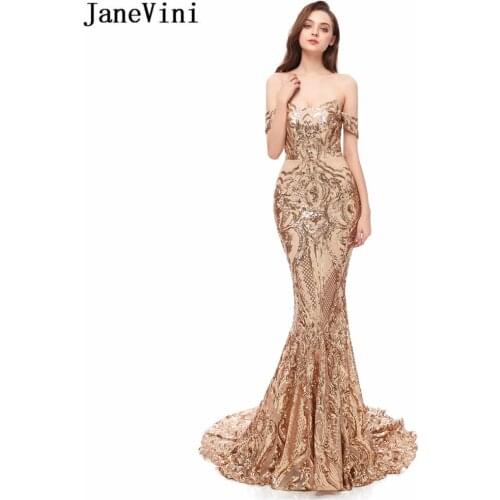 JaneVini Sparkling Sequined Champagne Dubai 2019 Evening Dress Long Mermaid Off Shoulder Sleeveless Arabic Ladies Formal Dresses