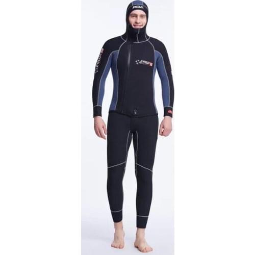 2-Piece Set Mens Wetsuit Jacket w 5mm Neoprene / Black Blue Patchwork Front Zip Spearfishing Diving Suit Hood and Jone Suit