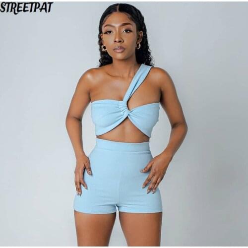 Sexy Two Piece Set Women Summer Streetwear Asymmetrical Slash Neck Crop Top + Shorts Sets Festival Outfits Sport Female Clothing