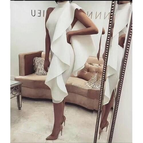 Short Evening Dresses High Neck Satin Simple Women Formal Party Prom Gown Women Formal Dress In Stock