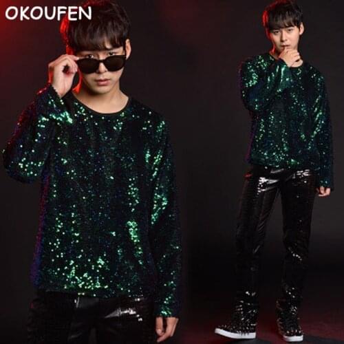 Mens Personality Long Sleeve Sequin T-Shirt Nightclub Bar Male Singer DJ Stage Performance Costume