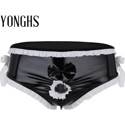 Mens Lingerie Sissy Underwear Shiny Faux Leather Open Front Penis Hole Ruffled Trim Bowknot Zipper Crotch Sissy Bikini Briefs