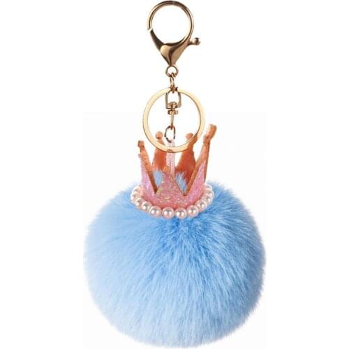 Fluffy Rabbit Fur Ball Keychain With Pearl Crown Key Chain Fur Pompom Keyring For Women Car Handbag Pendant Gifts Accessories