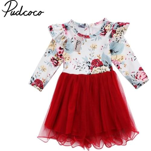 Xmas Ruffles Kid Baby Girl Floral Long Sleeve Tulle Tutu Dress Outfits Kids Flower Patchwork Red Dresses Girls Clothing