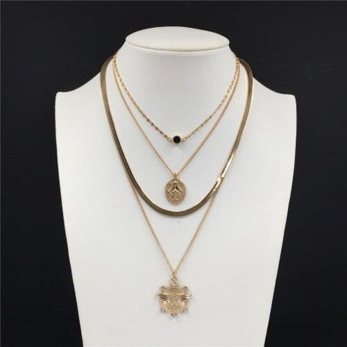 Gorgeous Gold Color Plating Coin Blue Zircon Decoration 4 Layer Necklace For Women Girl Elegant Casual Bohemia Jewelry Accessory
