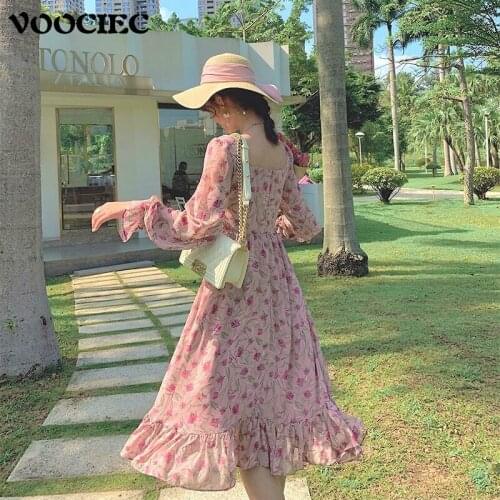 VOOCIEC Autumn Mori Women Elegant Floral Dress Women Pink Lace Chiffon Part Midi Dress Casual Vintage Ruffles Korean Girl Dress