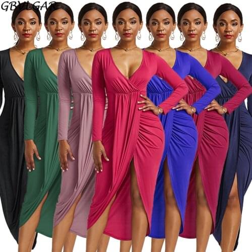 High Stretch Women Robe Summer Sexy Deep V-Neck Long Sleeve Dress Women Solid Color Slim Asymmetrical Ladies Party Midi Vestidos