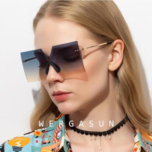 WERGASUN Oversized Square Rimless Sunglasses Women Brand Designer Flat top Big Sun Glasses Female One Piece Travel Gafa de sol