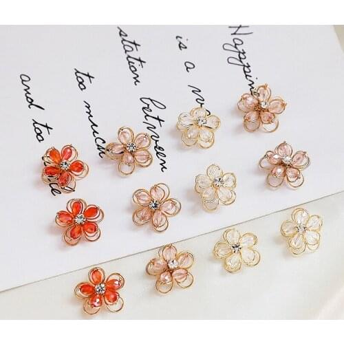 4pcs Trendy Hollow Rhinestone studded fresh Earrings for Women double-layer flower copper-clad gold diy jewelry accessories