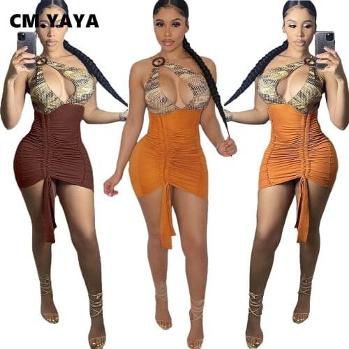 CM.YAYA Women Dress Patchwork Sleeveless One Shoulder Diagonal Collar Mini Dresses Shirring Elastic Sexy Night Club Party Dress