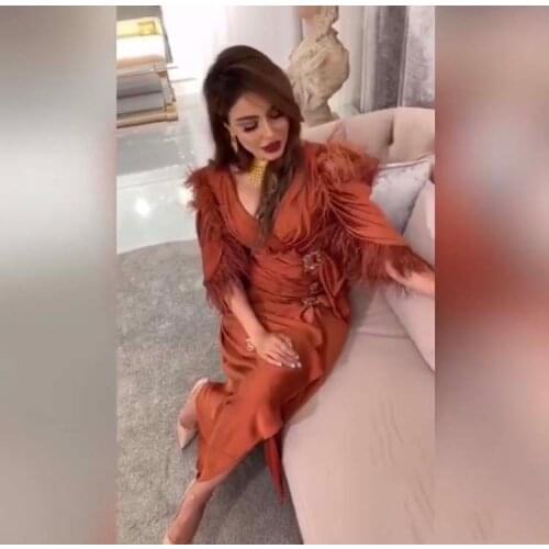 Sexy Orange V Neck Pleated Half Sleeve Feather Slit Ankle Length Prom Dresses 2020