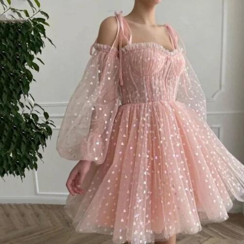 Blush Pink Prom Dresses A-line Sweetheart Long Sleeves Tulle Knee Length Dubai Saudi Arabic Short Prom Gown Evening Dresses