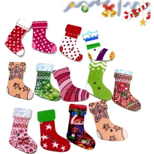 100 Pcs Christmas 2 Holes Button Socks Creative Colorful Wooden Button Stockings for Sewing Crafting (Mixed)