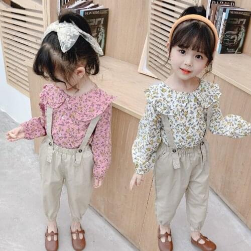 2021 Spring toddler girls baby clothes outfits sets floral shirt top + overalls suit for children girls baby clothing cute sets