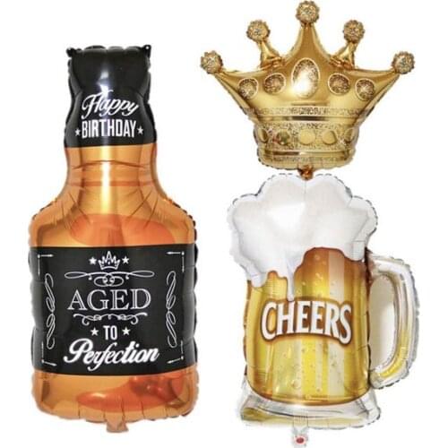 3 PCS Party Large Foil Balloons - Beer Mug & Whiskey Bottle & Golden Crown for Bar Valentines Wedding Decors Aluminium Balloon