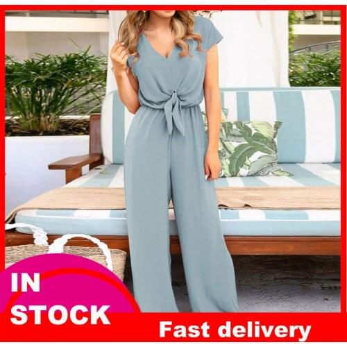 40# Women Summer Jumpsuits Casual V Neck Lace Up Short Sleeve Rompers Jumpsuit Playsuit Elegant Wide Legs Jumpsuits Комбинезоны