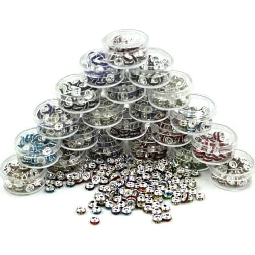 50pcs/lot 6mm Crystal Spacer Beads Boxed Metal Silver Plated Mixed Rhinestone Rondelle Spacers Accessories for Jewelry