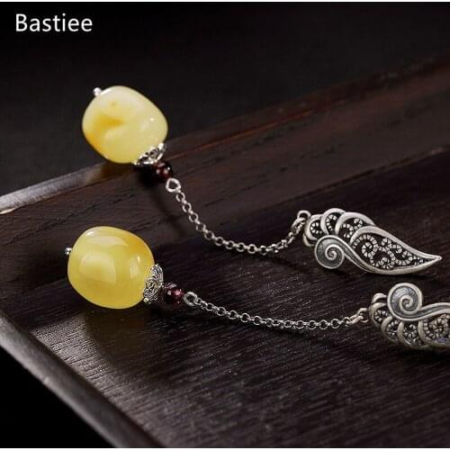 Bastiee Silver 925 Jewelry 925 Sterling Silver Earrings Dangle Earrings Vintage Korean Earrings Golden Plated Jade Silver