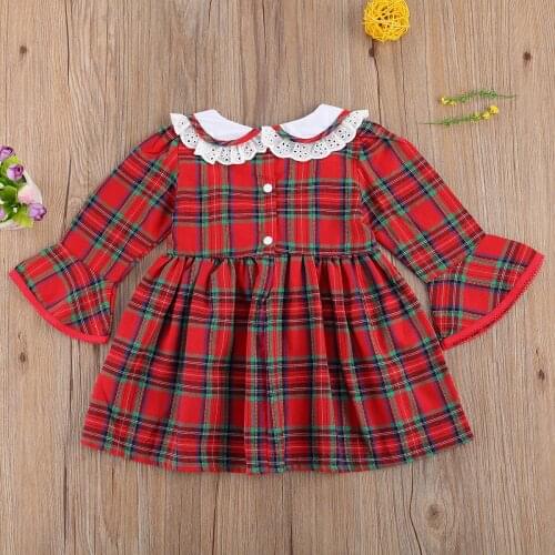Baby Girls Christmas Plaid Print Dress Bowknot Flare Sleeve O-neck Lace Dress Children Casual Button-up Outfits Princess Dresses
