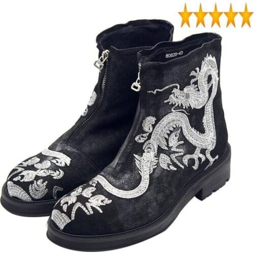 Designer Mens Chinese Silver Runway Dragon Embrodiery Ankle Boots Zipper Platform Cow Suede Leather Gothic Safety Shoes