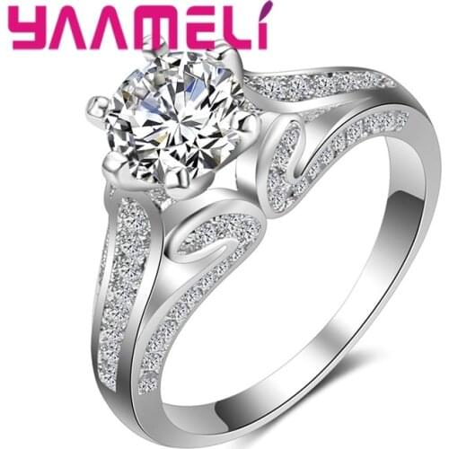 Classic Elegant Glamorous Sparkling Style Silver Embellished White Crystal Wavy Shaped Ring Wedding Jewelry