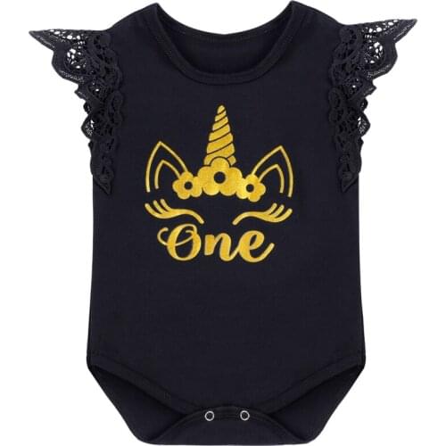 Summer Baby Bodysuit Unicorn Letter Black Sleeveless Romper Jumpsuit for 1st Birthday Party Cake Smash Cute Baby Girls Bodysuit