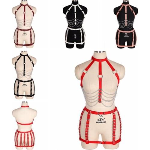 Metal Chain Punk Gothic Costume Harness Women Bondage Sexy Lingerie Set Leatherstocking Wedding Garters Festival Rave Clothes