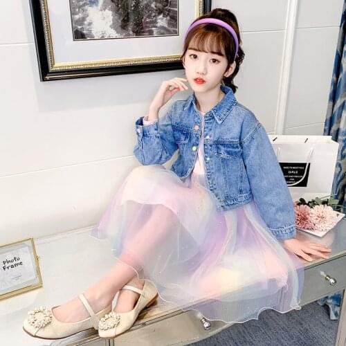 2021 Spring Summer Princess Girls Clothes Suit Long Sleeve Jeans Jacket + Tutu Mesh Dress 2PCS Toddler Girl Clothes Outfits W65