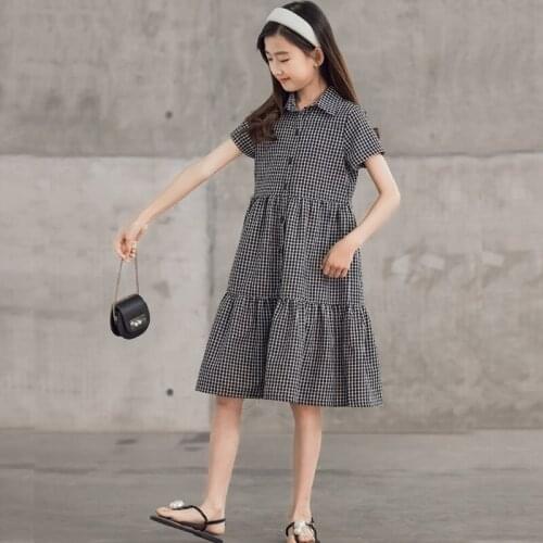 Summer 2021 Big Girls Dresses 100% Cotton White Black Plaid Kids Clothes Dress Long Teenage Shirt Dress Children Clothing School