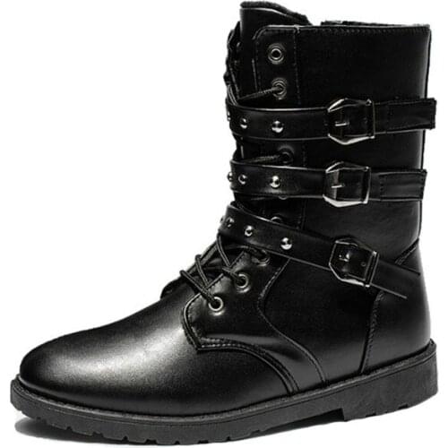 2019 New Fashion Winter Tough Men Boots Flat With Fur Motorcycle Boots Men Top Metal Buckle Lace Up Shoes Mid Calf Couples