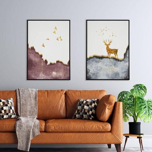 Golden Deer Poster Watercolor Canvas Painting Abstra Leaf Plant Wall Art Pictures For Living Room Home Modern Decorative Prins