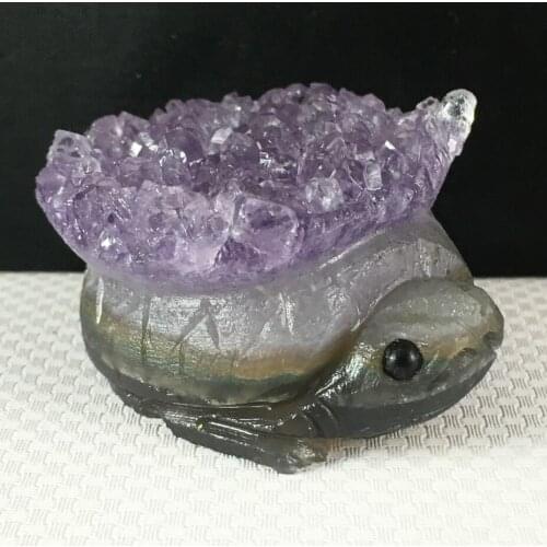 Natural purple crystal cluster mineral specimens, A hand-carved turtle