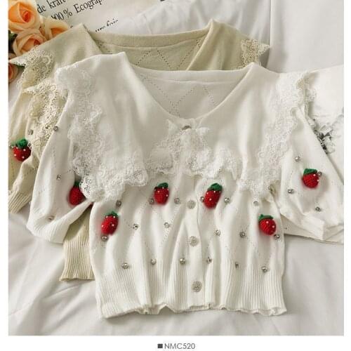 Korobov New Fashion Japanese Sweet Chic Women Cardigans Korean Peter Pan Collar Puff Sleeve Crop Cardigan Strawberry Sweater