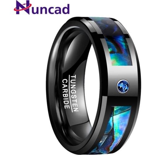 NUNCAD 8mm Mens Abalone Shell and Blue Cubic Zirconia Inlay Tungsten Rings Black Wedding Bands Beveled Edge Size 7-12