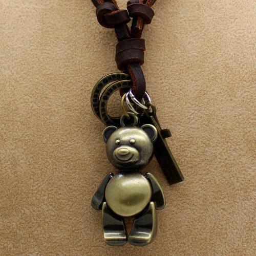 XiongHang Men Woman Necklace Rock Punk Cool Punk Vintage Bronze Cute Bear Pendant Genuine Leather Necklace