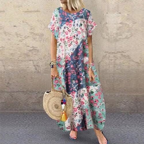 Floral Printing Boho Dress Women Loose Short Sleeve Long Dress Summer Beach Casual Dresses For Women Vestidos Mujer Robe Femme